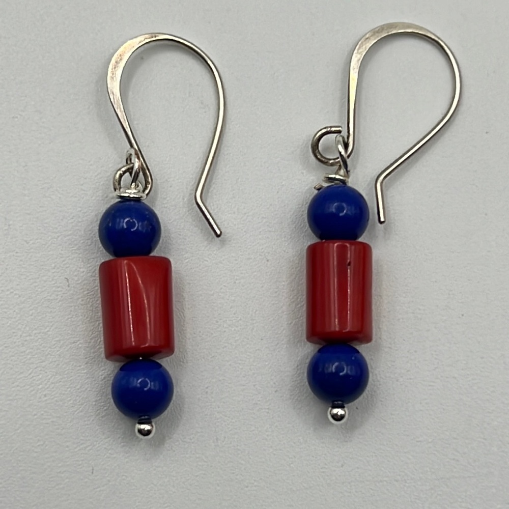 ARTISAN LAPIS AND RED CORAL EARRINGS ON STERLING SILVER HOOKS